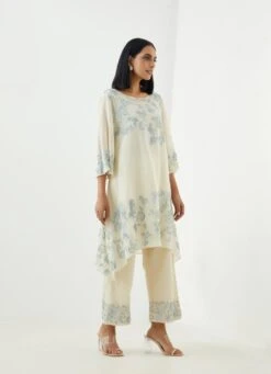 Ecru And Sky Pant With Beaded Sequins Embroidery