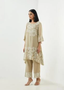 Natural And Ecru Pant With Beaded Sequins Embroidery