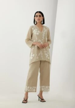Beige Cotton Top With Thread Embroidery