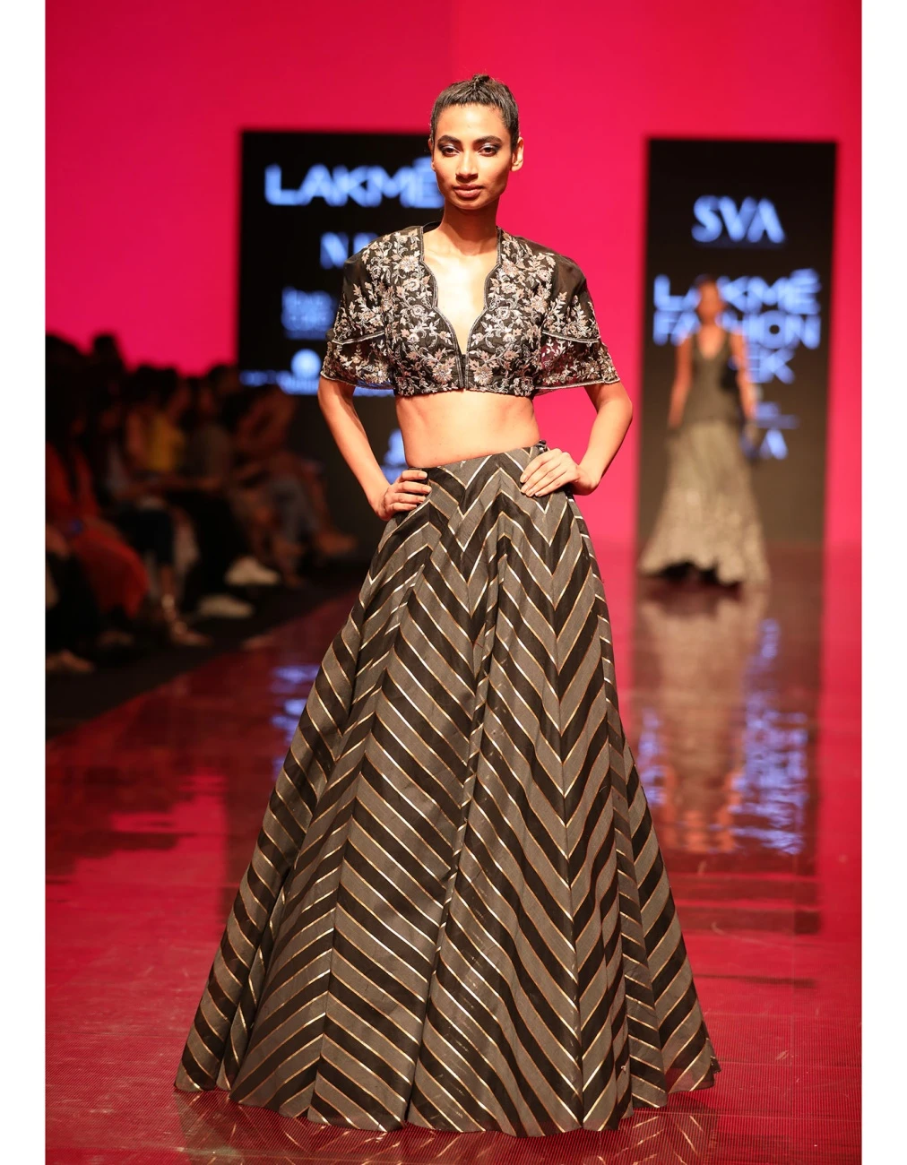 Black Roshini Scallop V- Neck Blouse With Lehenga 3 Black Roshini Scallop V- Neck Blouse With Lehenga