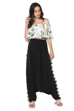 White Cafe Morocco Print Art Crepe Ruffle Top And Black Art Crepe Low Crotch Pant With Side Tassels