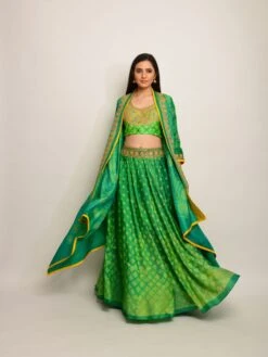 Patang Embroidered Shibori Green Lehenga Cape Set