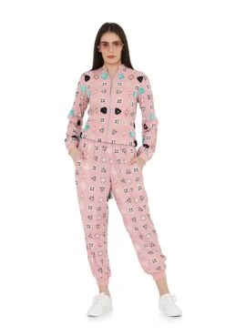 Pink Colour Printed Art Crepe Back Tie-Up Bomber Jacket With Jogger Pant