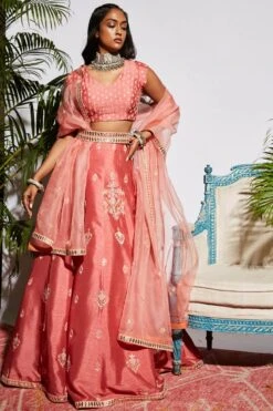 Pink Assorted Butta Lehenga With Blouse And Stripe Dupatta