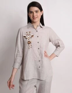 Beige Giraffe Embroidery Shirt