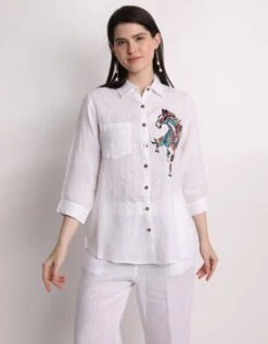White Abstract Horse Embroidery Shirt -Africans Shop 2311332