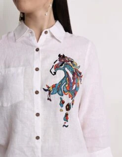 White Abstract Horse Embroidery Shirt -Africans Shop 231133b