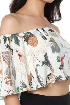 White Cafe Morocco Print Art Crepe Ruffle Top And Black Art Crepe Low Crotch Pant With Side Tassels -Africans Shop 3 23498