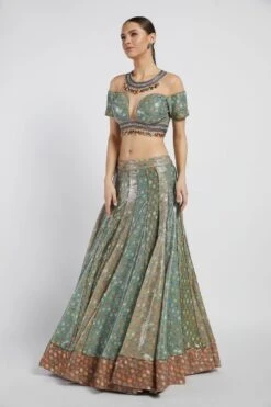 Aqua And Gold Navrattan Booti Print Rabia Lehenga Set -Africans Shop 3 32030