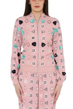 Pink Colour Printed Art Crepe Back Tie-Up Bomber Jacket With Jogger Pant -Africans Shop 3 36367