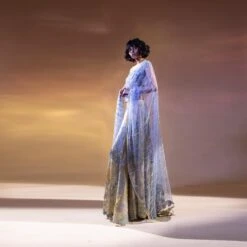 Yellow And Blue Silk Organza Embellished Flared Lehenga Set -Africans Shop 3 7359