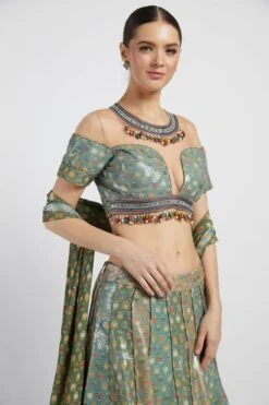 Aqua And Gold Navrattan Booti Print Rabia Lehenga Set -Africans Shop 4 20312