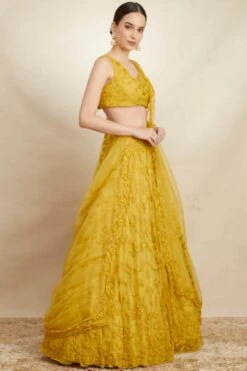 Mustard Organza Floral Jaal Lehenga -Africans Shop 4 31482