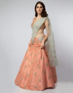 Coral Embroidered Choli And Lehenga With Aqua Dupatta -Africans Shop PSST1218 1 1