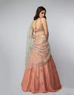 Coral Embroidered Choli And Lehenga With Aqua Dupatta -Africans Shop PSST1218 2 1