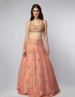 Coral Embroidered Choli And Lehenga With Aqua Dupatta -Africans Shop PSST1218 7