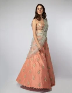 Coral Embroidered Choli And Lehenga With Aqua Dupatta -Africans Shop PSST1218 8