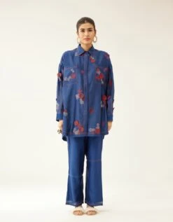 Blue Silk Chanderi Straight Short Kurta With Pants