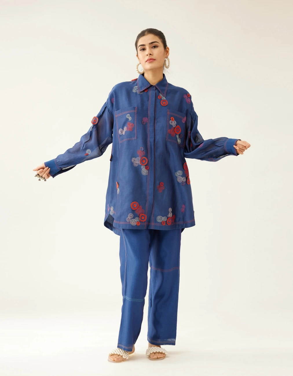 Blue Silk Chanderi Straight Short Kurta With Pants 5 Blue Silk Chanderi Straight Short Kurta With Pants - Image 3
