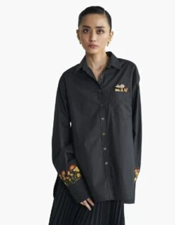 Black Cotton Poplin Carnation Embroidered Oversized Shirt