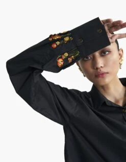 Black Cotton Poplin Carnation Embroidered Oversized Shirt -Africans Shop af sh aw 23 06 a3