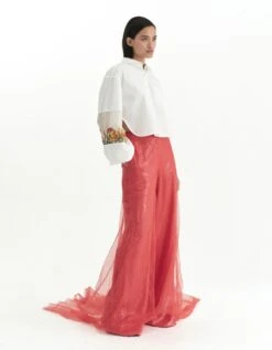 White Cotton Poplin Carnation Embroidered Crop Shirt