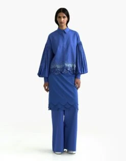 Blue Egyptian Giza Cotton Scalloped Embroidered Drop Shoulder Shirt