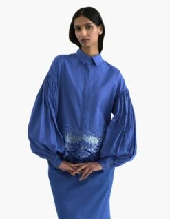Blue Egyptian Giza Cotton Scalloped Embroidered Drop Shoulder Shirt -Africans Shop af sh aw 23 14 b3
