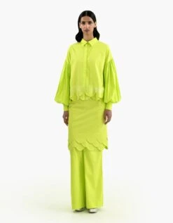 Lime Egyptian Giza Cotton Scalloped Embroidered Drop Shoulder Shirt