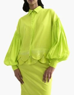 Lime Egyptian Giza Cotton Scalloped Embroidered Drop Shoulder Shirt -Africans Shop afshaw2314a3