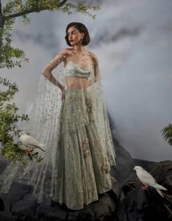 Grey-Green Grid Work Lehenga With Beaded Blouse And Stone Embellished Cape -Africans Shop amfes23072