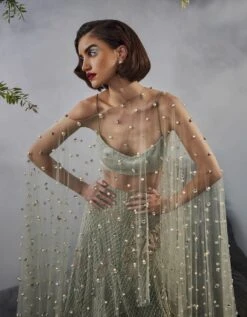 Grey-Green Grid Work Lehenga With Beaded Blouse And Stone Embellished Cape -Africans Shop amfes23073