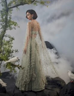 Grey-Green Grid Work Lehenga With Beaded Blouse And Stone Embellished Cape -Africans Shop amfes2307b