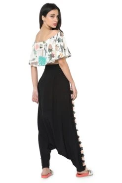 White Cafe Morocco Print Art Crepe Ruffle Top And Black Art Crepe Low Crotch Pant With Side Tassels -Africans Shop b 36830