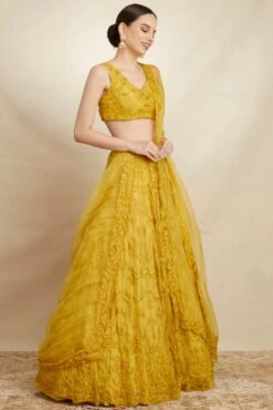 Mustard Organza Floral Jaal Lehenga -Africans Shop b 71375