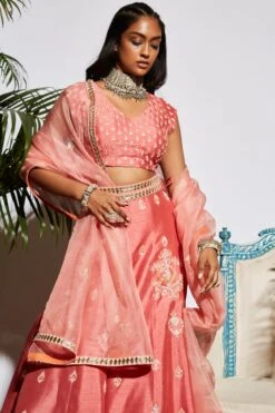 Pink Assorted Butta Lehenga With Blouse And Stripe Dupatta -Africans Shop b 72540