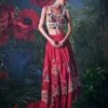 Red Floral Embroidered Layered Lehenga