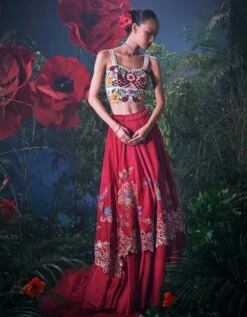 Red Floral Embroidered Layered Lehenga