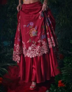 Red Floral Embroidered Layered Lehenga -Africans Shop cfw23l143