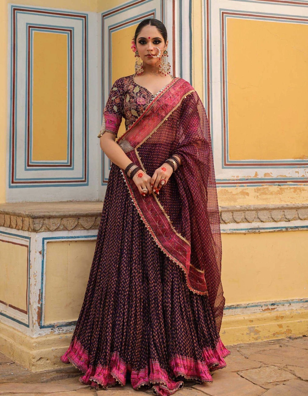 Purple Cheent Print Applique Crushed Lehenga Set 3 Purple Cheent Print Applique Crushed Lehenga Set