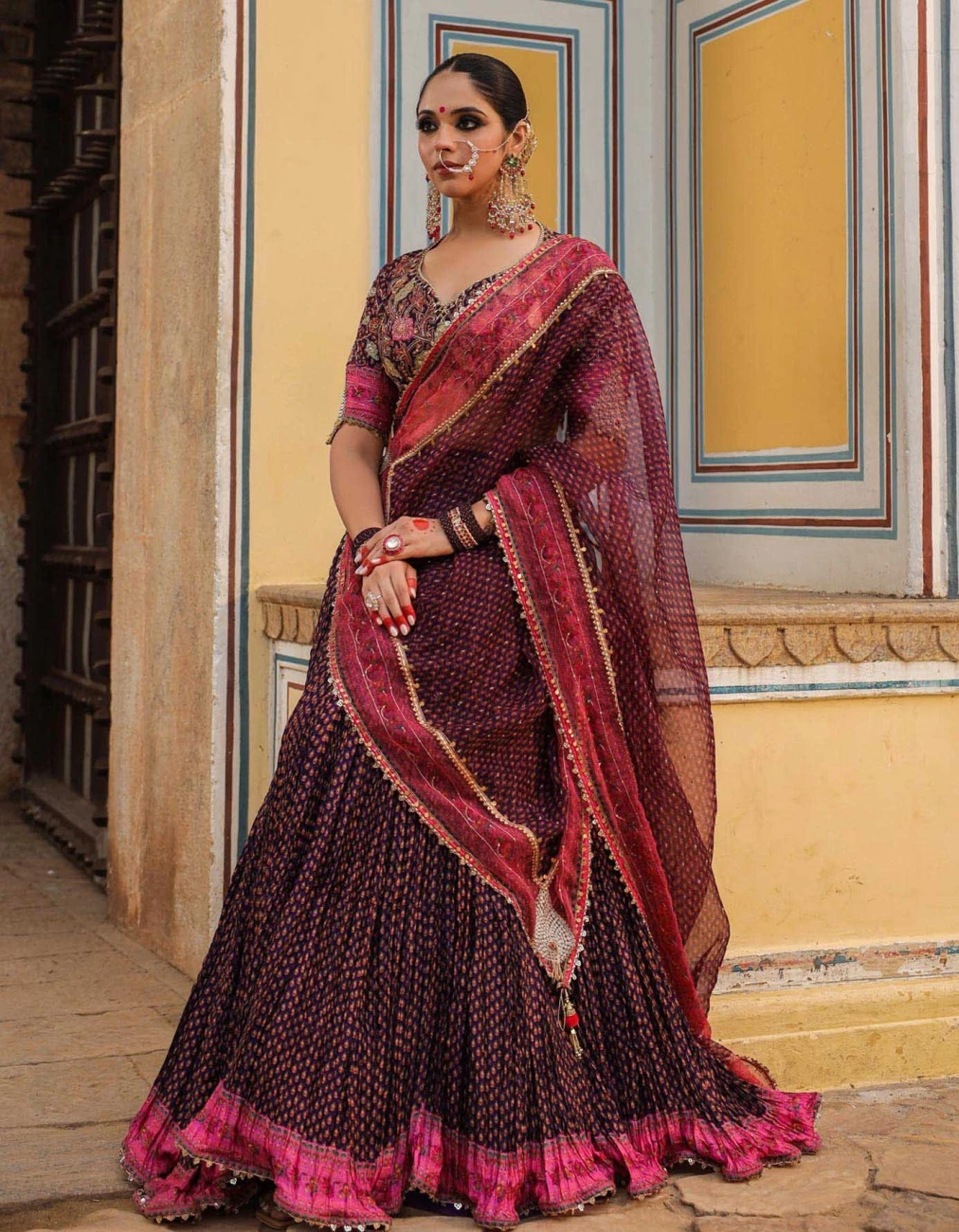 Purple Cheent Print Applique Crushed Lehenga Set 4 Purple Cheent Print Applique Crushed Lehenga Set - Image 2