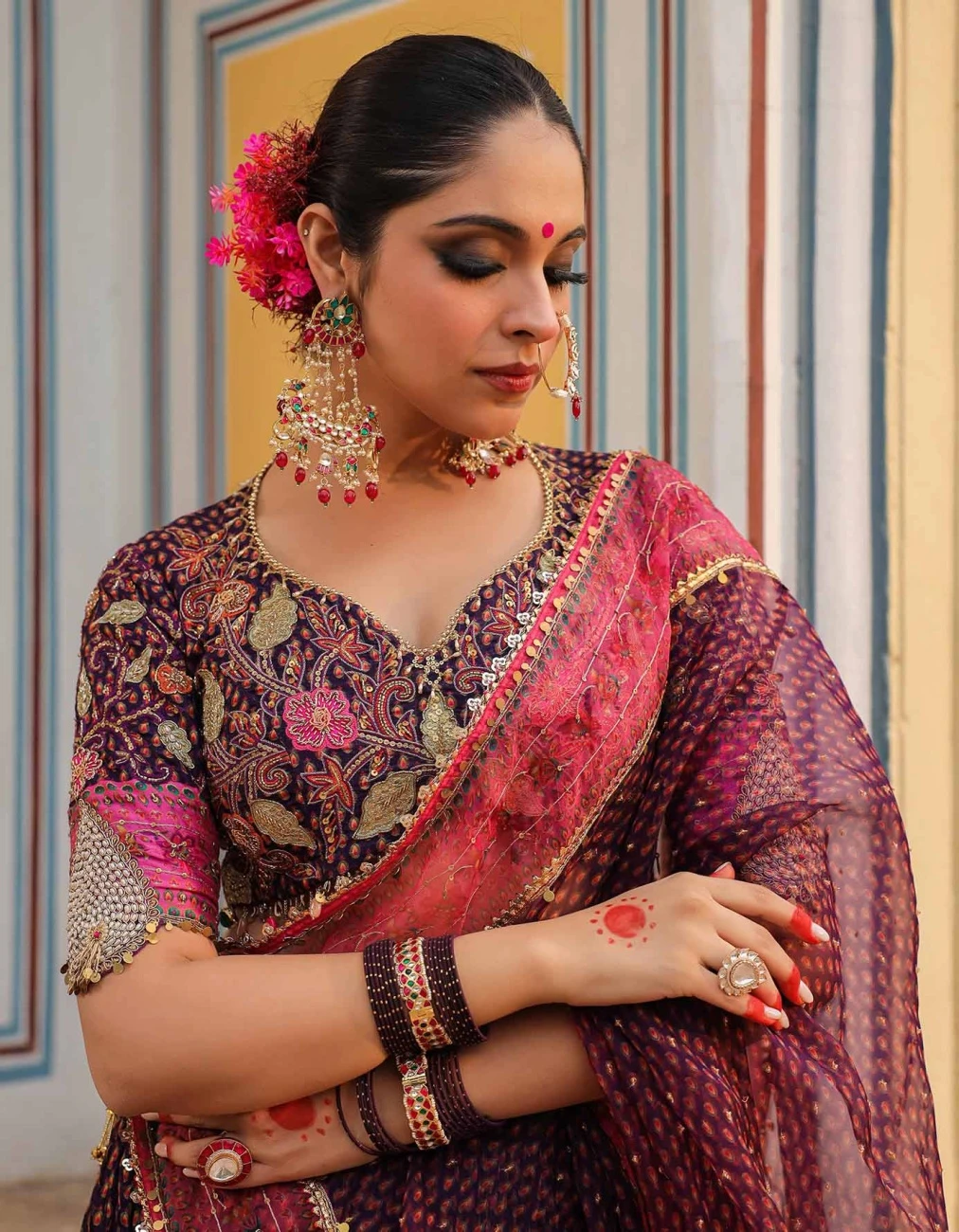 Purple Cheent Print Applique Crushed Lehenga Set 5 Purple Cheent Print Applique Crushed Lehenga Set - Image 3