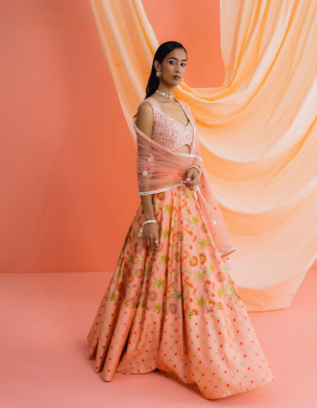 Peach Panelled Skirt With An Embroidered Blouse And Dupatta 4 Peach Panelled Skirt With An Embroidered Blouse And Dupatta - Image 2