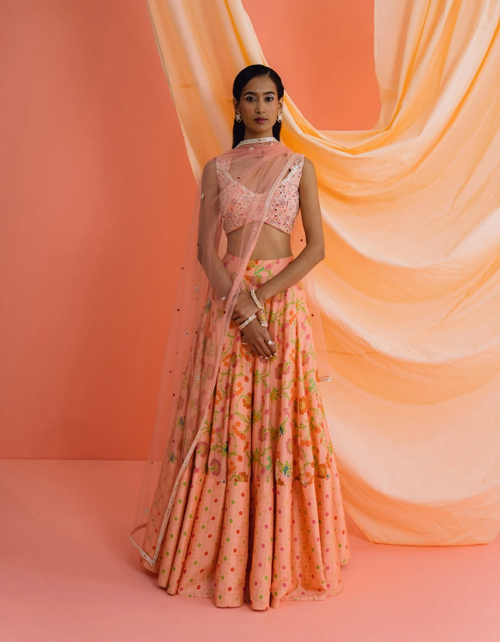 Peach Panelled Skirt With An Embroidered Blouse And Dupatta 5 Peach Panelled Skirt With An Embroidered Blouse And Dupatta - Image 3