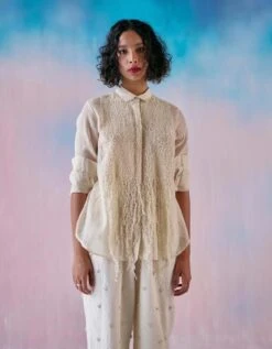 Off White Chanderi Moss Emb Yoke Fringe Shirt