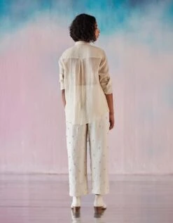 Off White Chanderi Moss Emb Yoke Fringe Shirt -Africans Shop ilklv126b