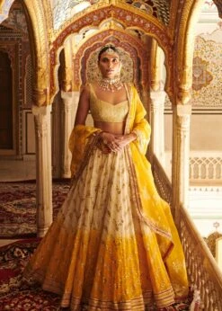 Yellow And Off White Varq Lehenga Set