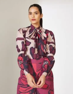 Beige And Maroon Floral Bow Tie Shirt -Africans Shop kofw231265