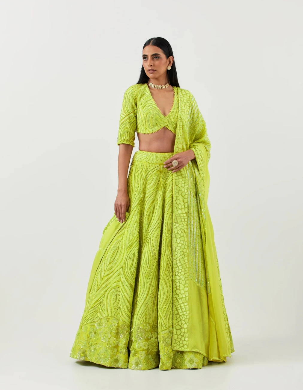Lime Green Lines And Floral Embroidered Lehanga Paired With Full Sleeve Lines Embroidered Blouse And Art Deco Dupatta 3 Lime Green Lines And Floral Embroidered Lehanga Paired With Full Sleeve Lines Embroidered Blouse And Art Deco Dupatta