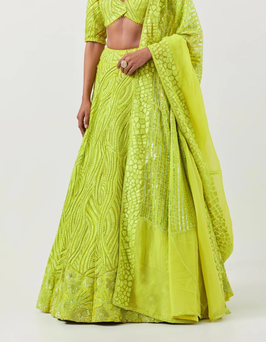 Lime Green Lines And Floral Embroidered Lehanga Paired With Full Sleeve Lines Embroidered Blouse And Art Deco Dupatta 6 Lime Green Lines And Floral Embroidered Lehanga Paired With Full Sleeve Lines Embroidered Blouse And Art Deco Dupatta - Image 4